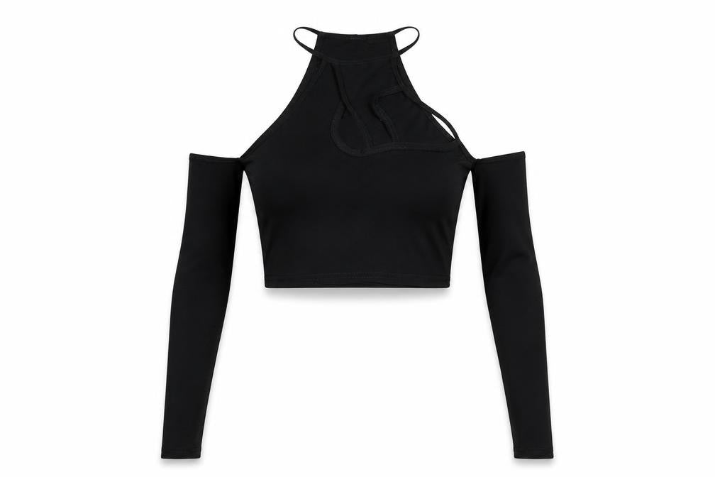 PRETTYLITTLETHING Womens Black Polyester Cropped Blouse Size 4 Round Neck - Cut Out Cold Shoulder