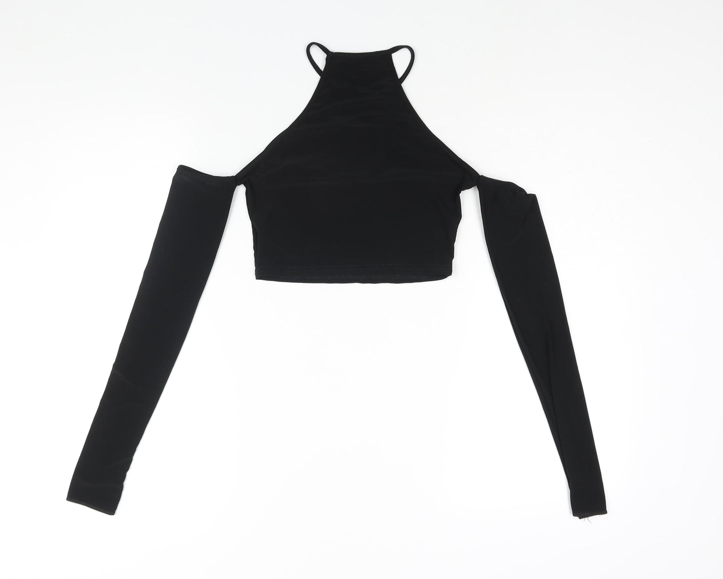 PRETTYLITTLETHING Womens Black Polyester Cropped Blouse Size 4 Round Neck - Cut Out Cold Shoulder