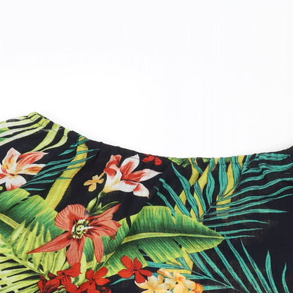 Close-up detail of Roman women’s multicoloured geometric polyester basic blouse, size UK 12, boat neck - plant print
