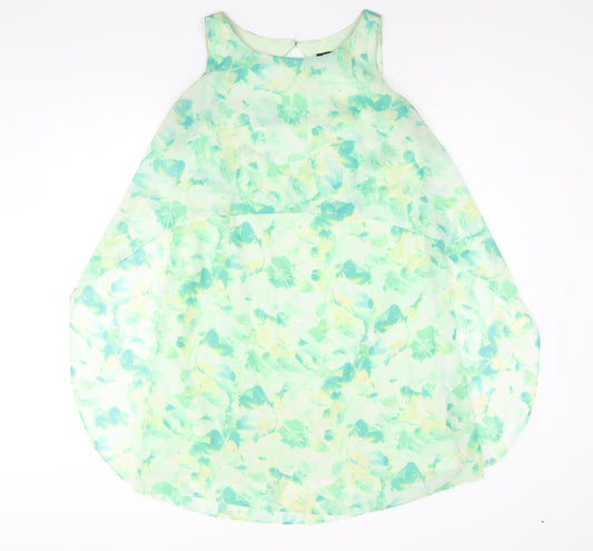 S.L. Fashions Womens Green Geometric Polyester A-Line Size 6 Round Neck Button