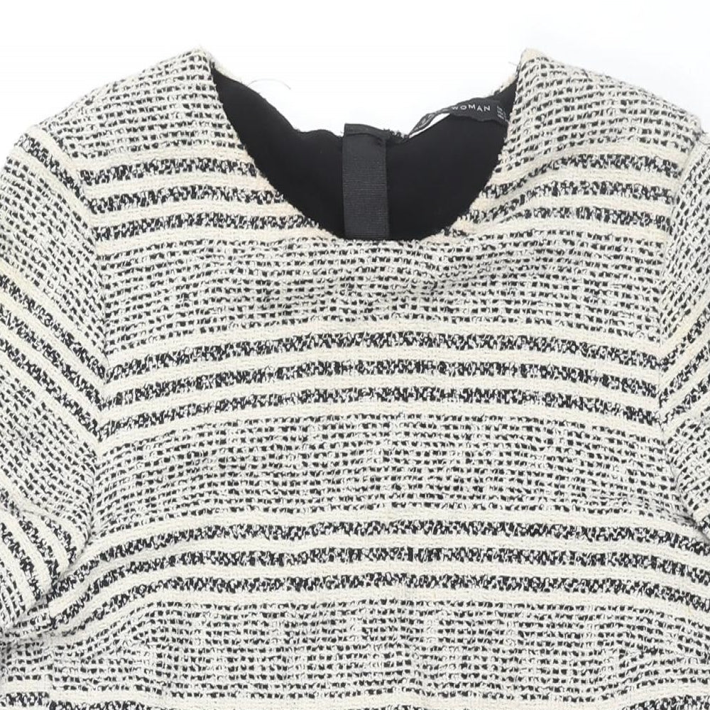 Zara Womens White Geometric Polyester Shift Size M Round Neck Zip - Raw Edge