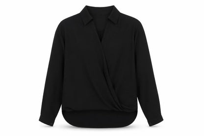 Front view of ASOS women’s black polyester basic blouse, size UK 8, collared