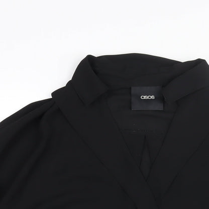 Close-up detail of ASOS women’s black polyester basic blouse, size UK 8, collared