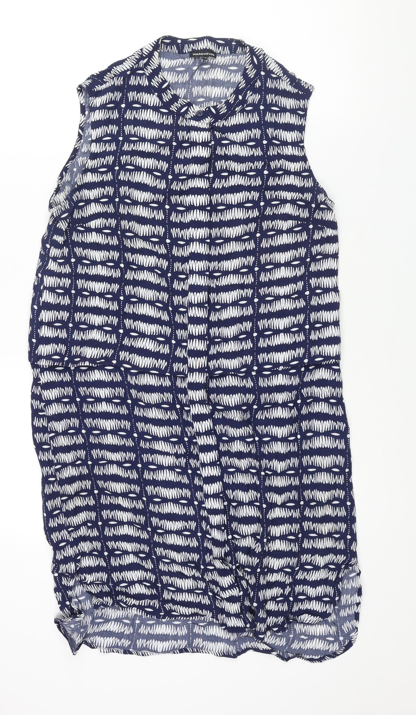Warehouse Womens Blue Geometric Viscose Shift Size 14 Round Neck Button