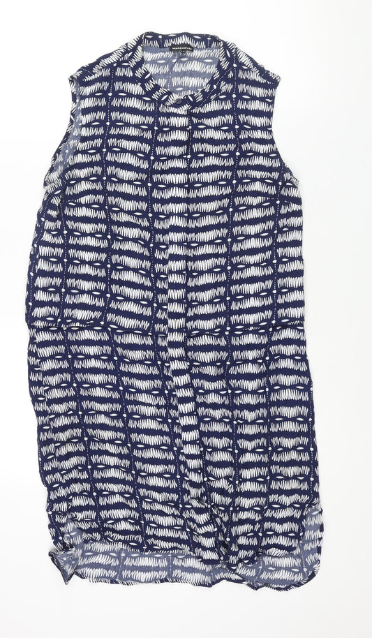 Warehouse Womens Blue Geometric Viscose Shift Size 14 Round Neck Button