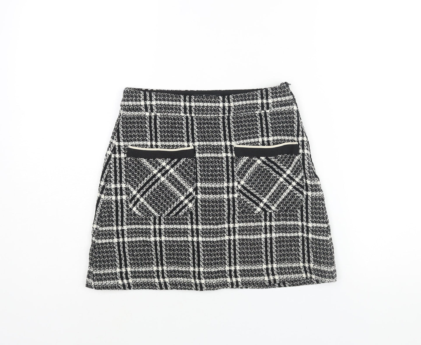 Zara Womens Black Geometric Cotton A-Line Skirt Size XS Zip - Pockets