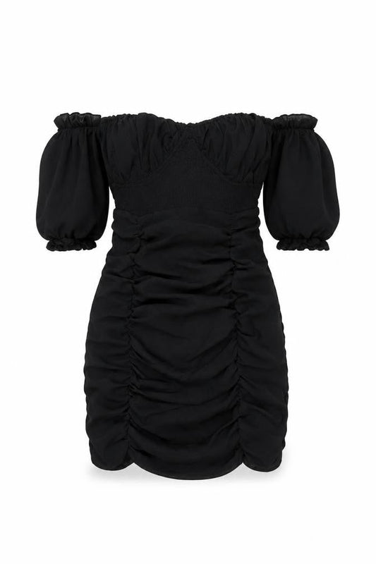 Front view of In the Style women’s black polyester mini, size UK 4, off the shoulder zip - rouched