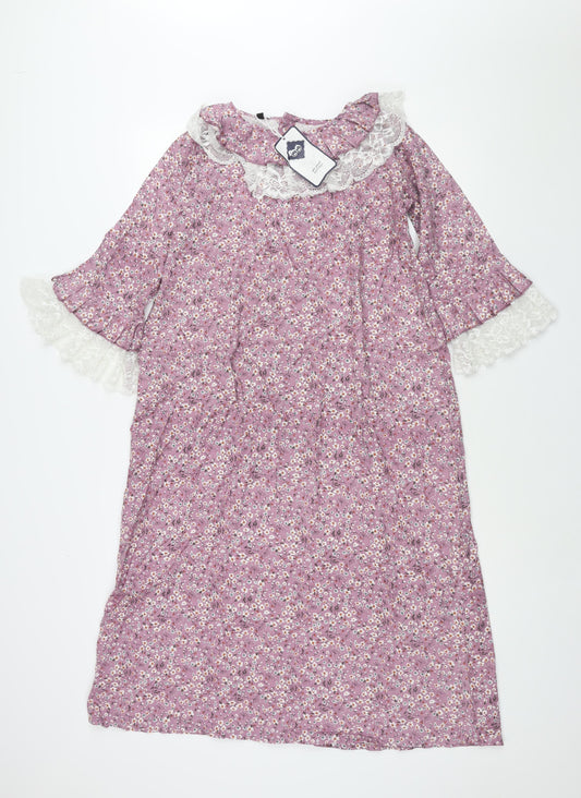 Alice Blue Womens Purple Floral Polyester Shift Size 6 Collared Button - Lace Frill