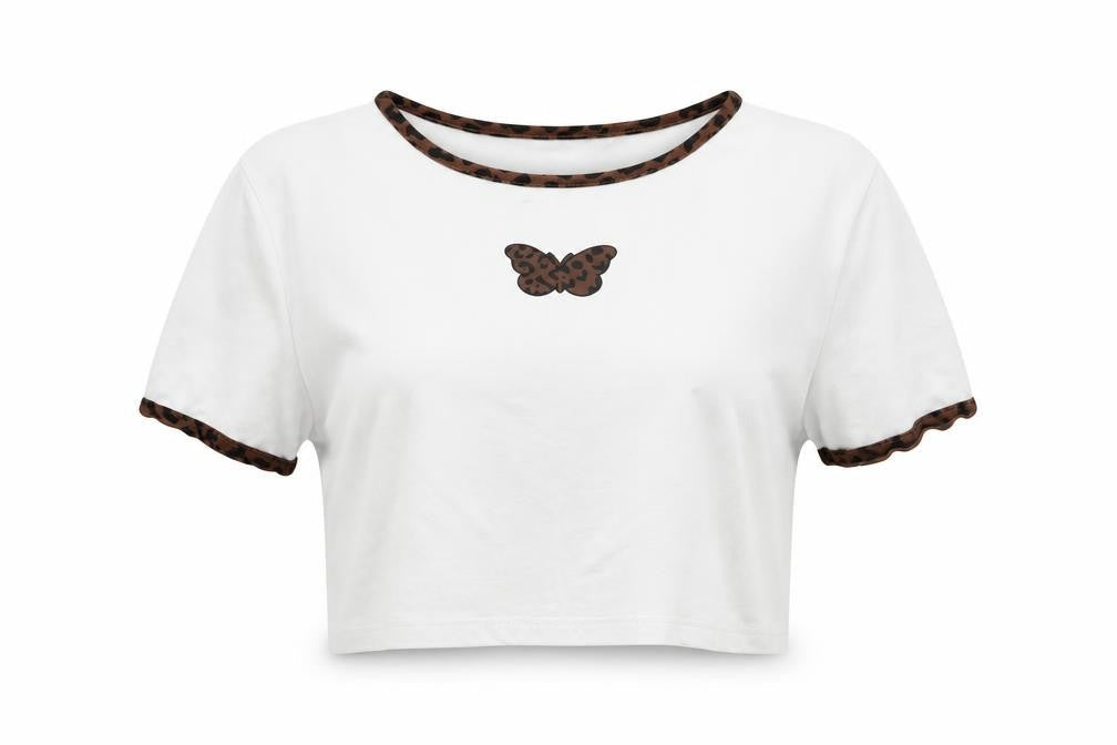Divided by H&M Womens White Cotton Cropped T-Shirt Size M Round Neck - Butterfly Print