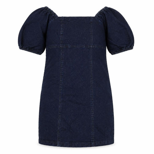 Front view of Miss Selfridge women’s blue cotton a-line, size UK 8, off the shoulder zip