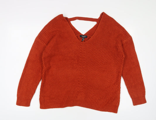 New Look Womens Orange V-Neck Acrylic Pullover Jumper Size S