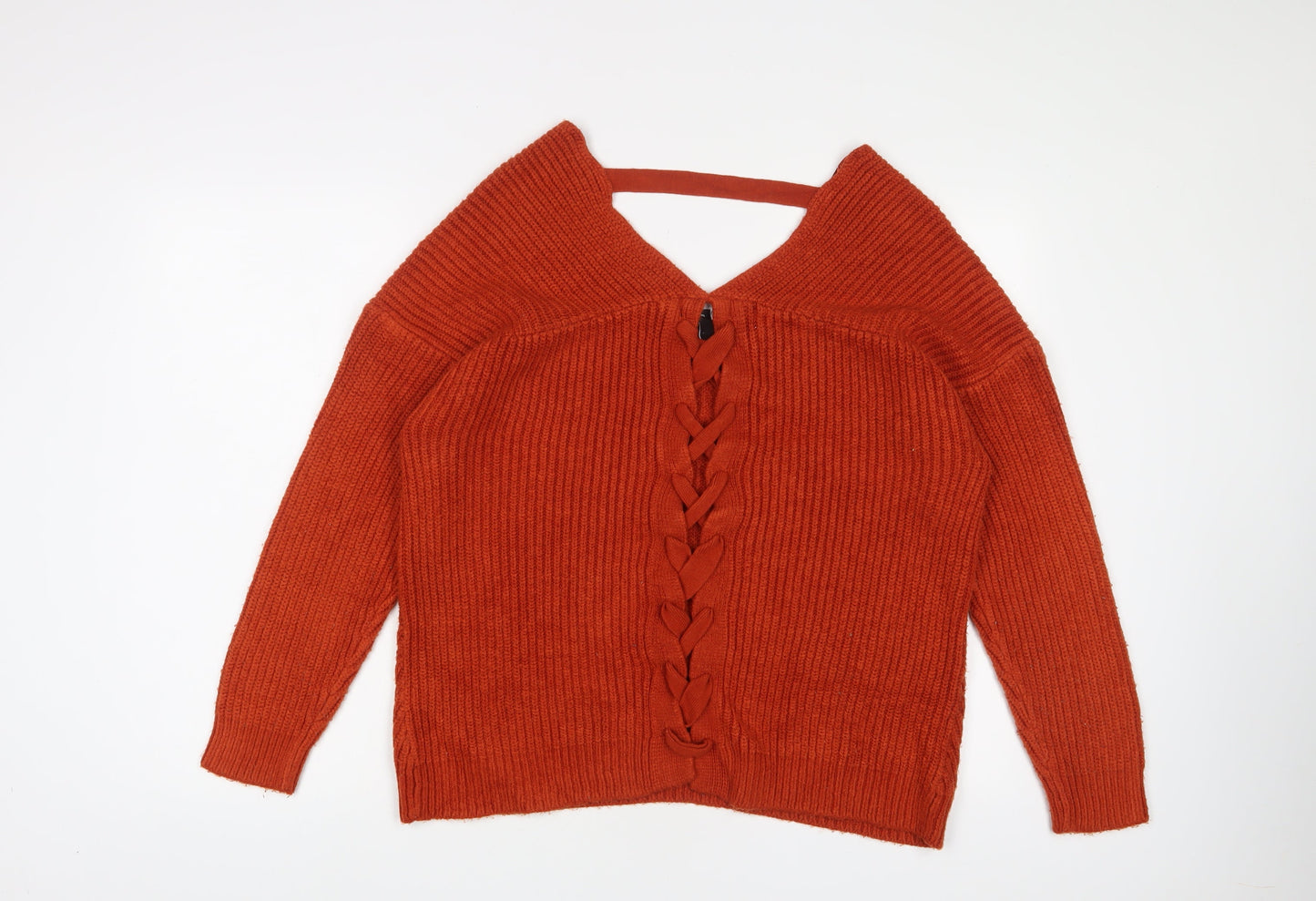 New Look Womens Orange V-Neck Acrylic Pullover Jumper Size S