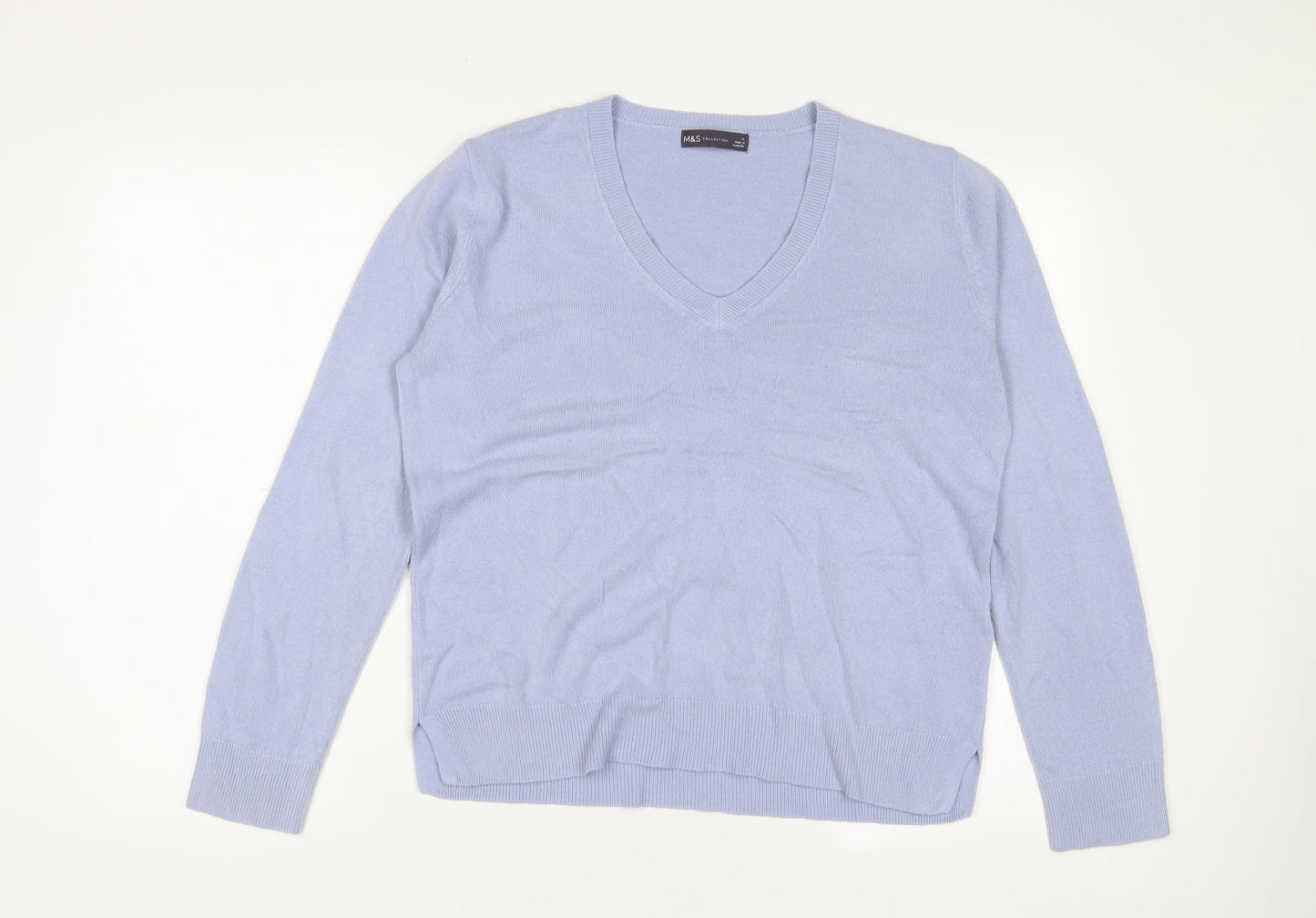 Marks and Spencer Womens Blue V-Neck Acrylic Pullover Jumper Size 14