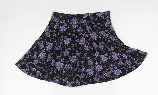 Zara Womens Black Floral Polyester Skater Skirt Size XS Zip