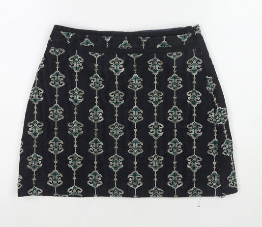 Zara Womens Blue Geometric Polyester Mini Skirt Size S Zip - Embraided