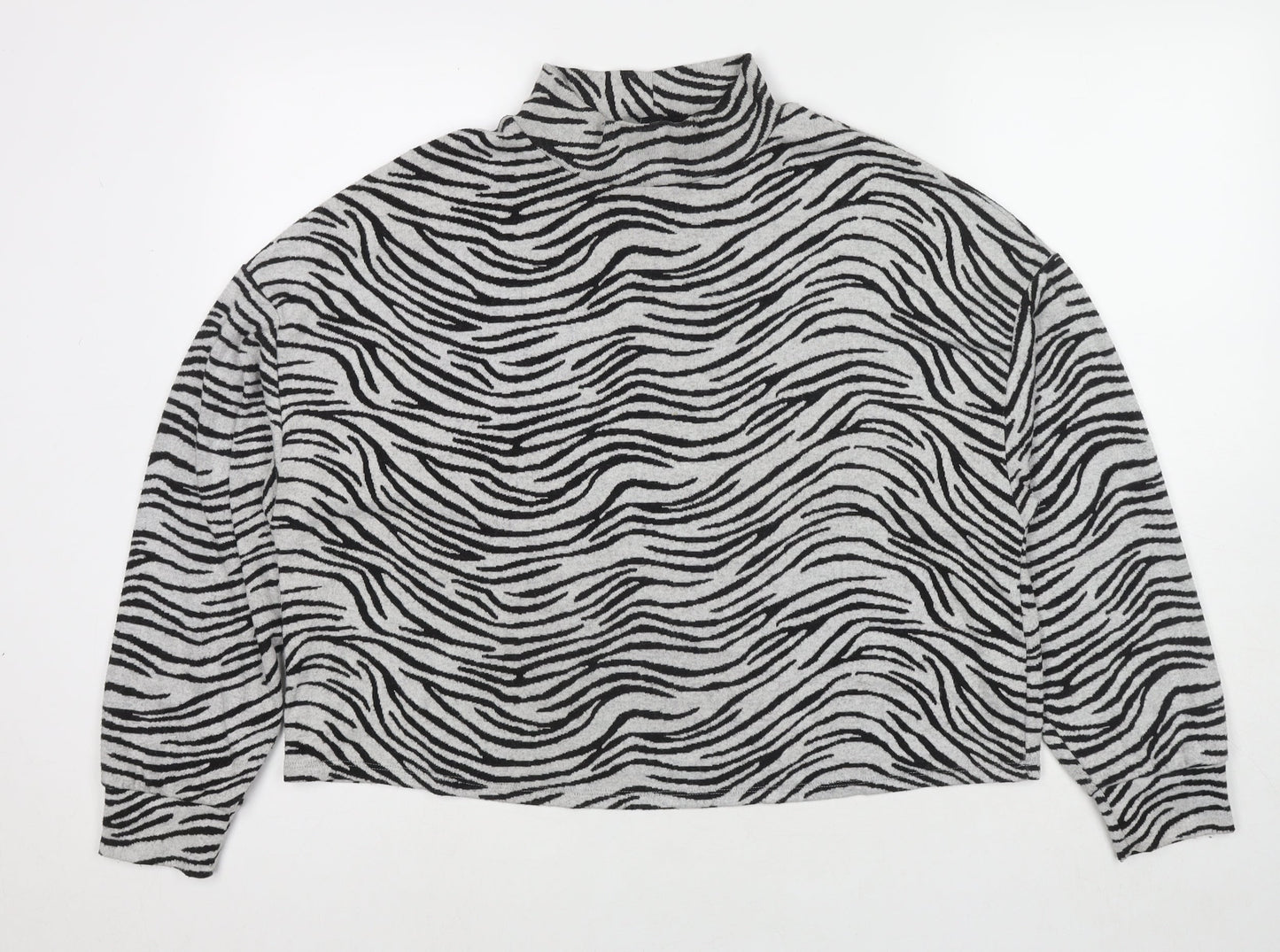New Look Womens Grey Mock Neck Animal Print Polyester Pullover Jumper Size M - Zebra Print