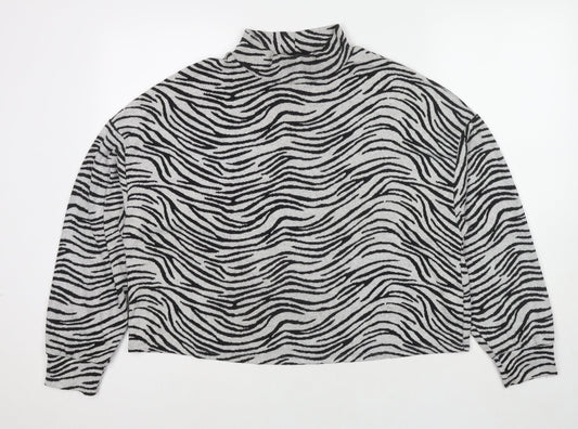 New Look Womens Grey Mock Neck Animal Print Polyester Pullover Jumper Size M - Zebra Print