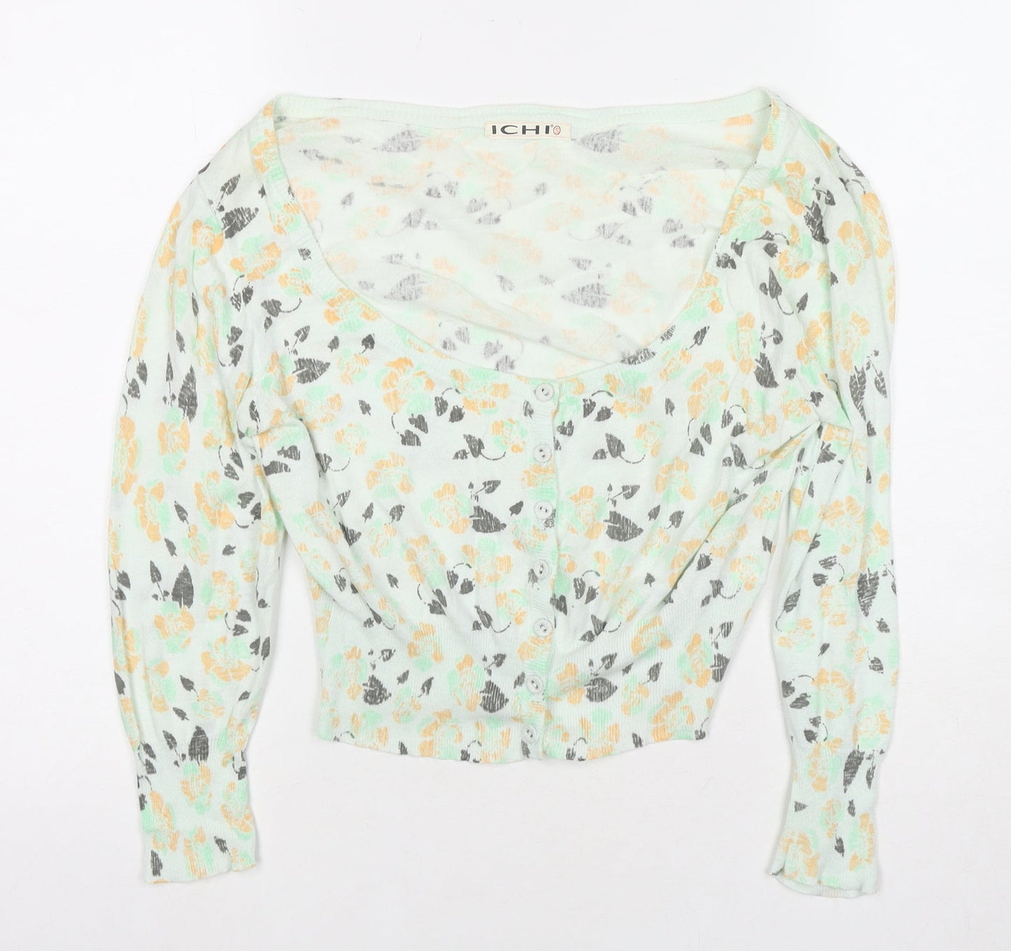 ICHI Womens Green Boat Neck Floral Cotton Cardigan Jumper Size 8