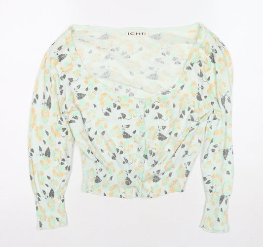 ICHI Womens Green Boat Neck Floral Cotton Cardigan Jumper Size 8