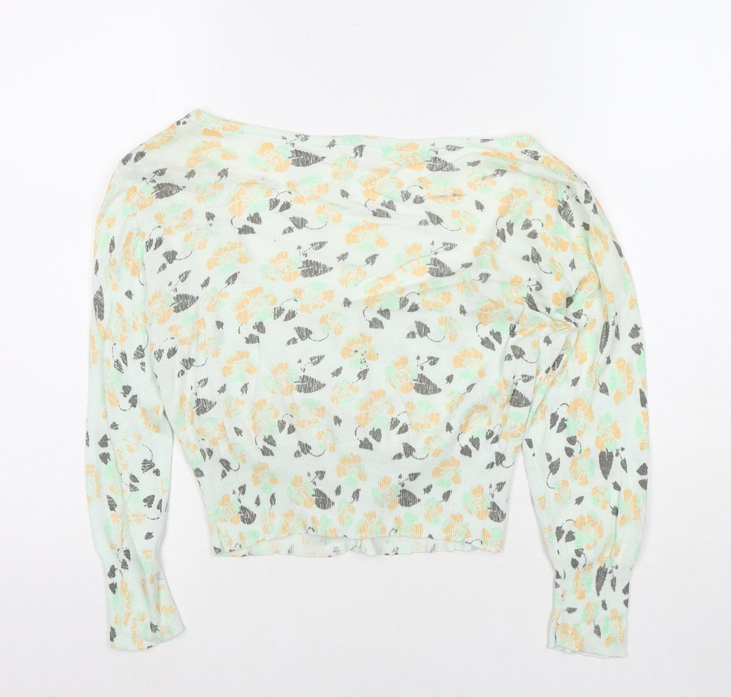 ICHI Womens Green Boat Neck Floral Cotton Cardigan Jumper Size 8