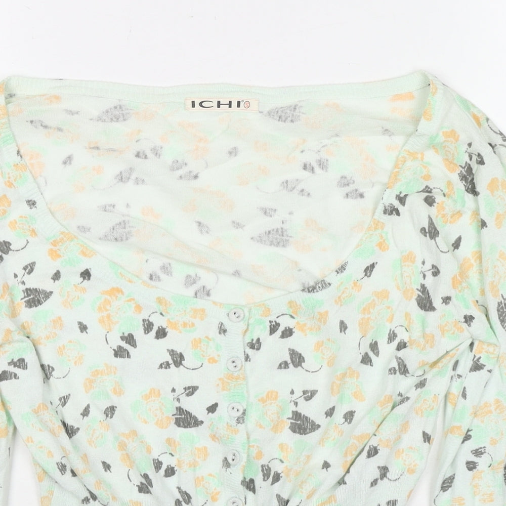 ICHI Womens Green Boat Neck Floral Cotton Cardigan Jumper Size 8