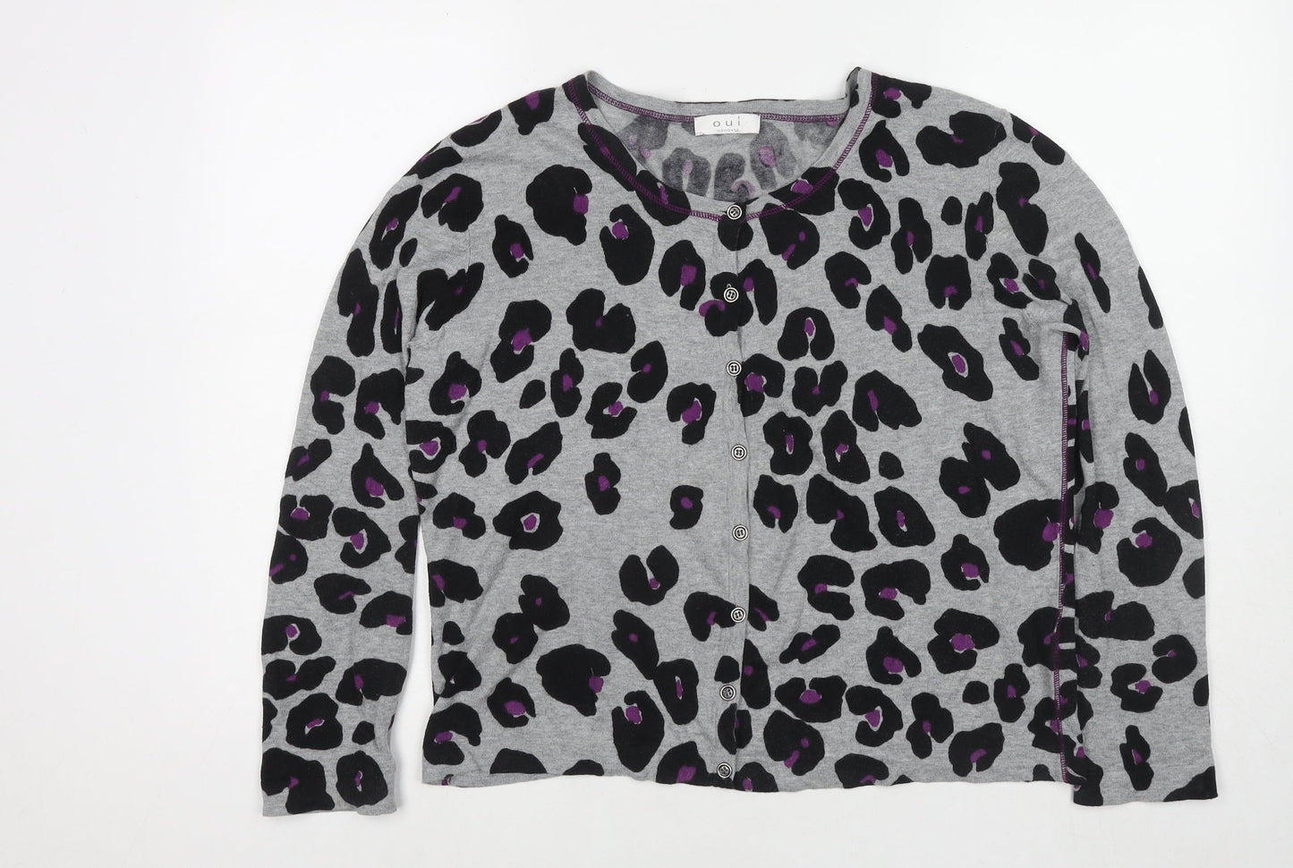 Oui Womens Grey Round Neck Animal Print Cotton Cardigan Jumper Size 16