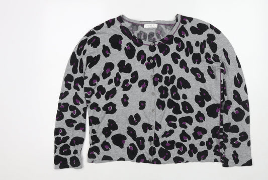 Oui Womens Grey Round Neck Animal Print Cotton Cardigan Jumper Size 16