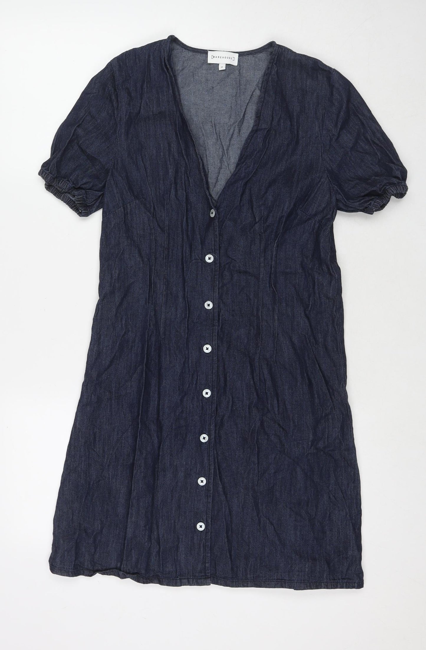Warehouse Womens Blue Cotton Shirt Dress Size 10 V-Neck Button