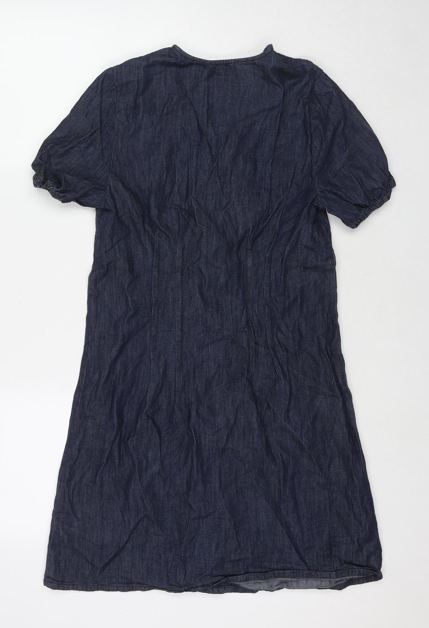 Warehouse Womens Blue Cotton Shirt Dress Size 10 V-Neck Button