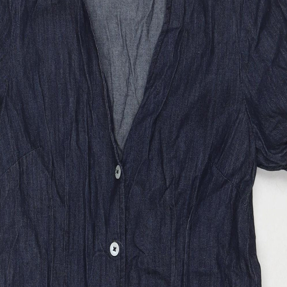 Warehouse Womens Blue Cotton Shirt Dress Size 10 V-Neck Button