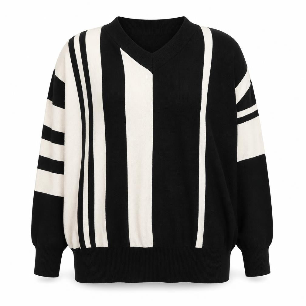 Maglia Womens Black V-Neck Striped Viscose Pullover Jumper Size XL