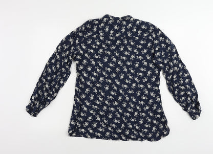 East Womens Blue Floral Viscose Basic Button-Up Size 10 Round Neck