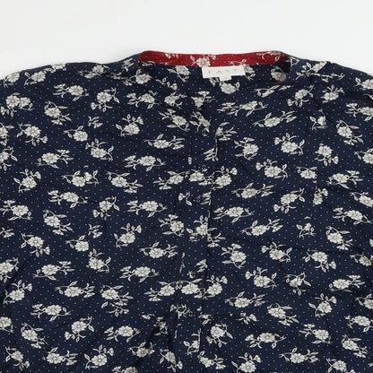 East Womens Blue Floral Viscose Basic Button-Up Size 10 Round Neck