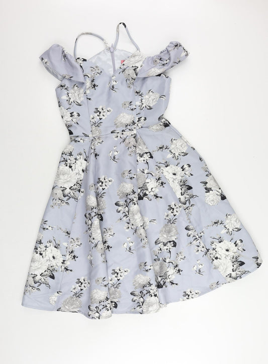 CHI CHI LONDON Womens Blue Floral Polyester Fit & Flare Size 8 V-Neck Zip