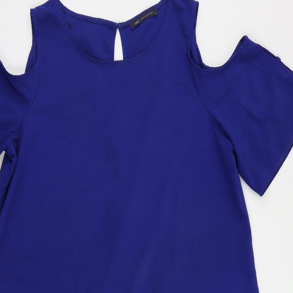 Marks and Spencer Womens Blue Polyester A-Line Size L Boat Neck Button - Cold Shoulder
