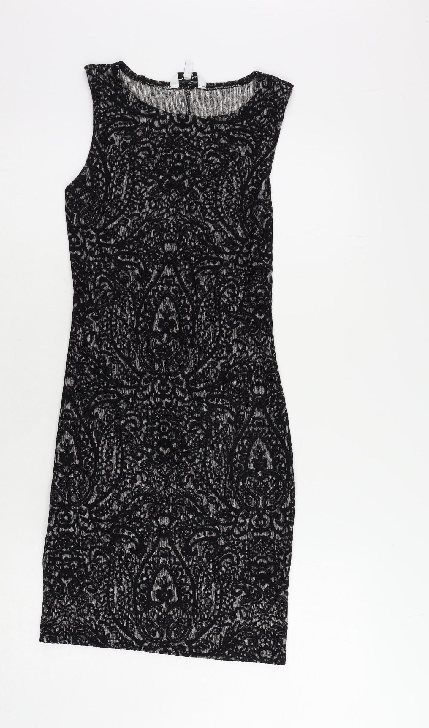 New Look Womens Black Geometric Viscose Bodycon Size 10 Boat Neck Pullover