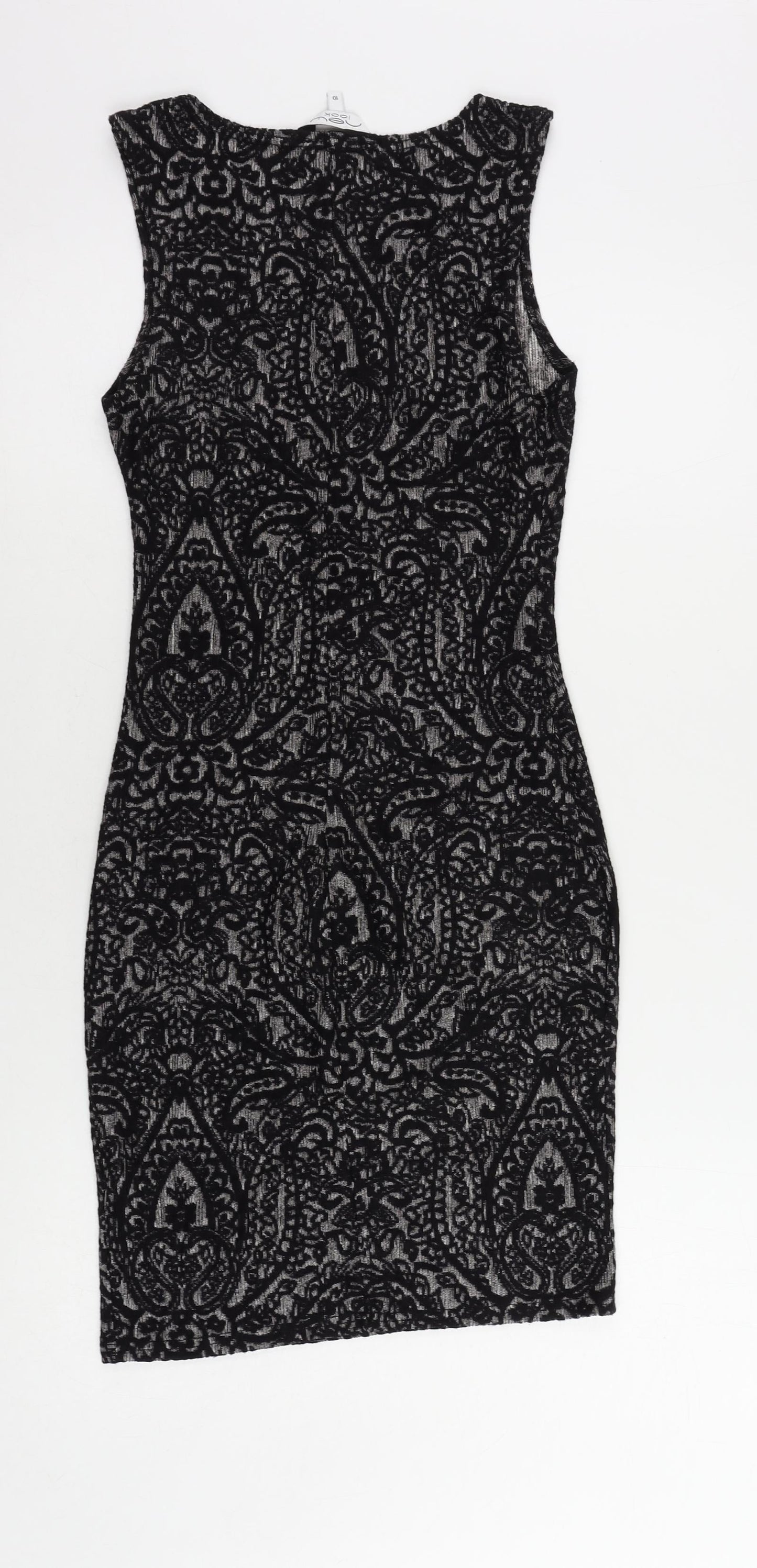 New Look Womens Black Geometric Viscose Bodycon Size 10 Boat Neck Pullover