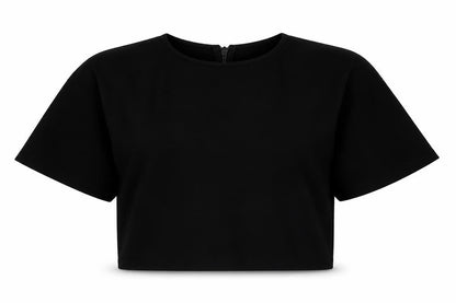 Front view of ASOS women’s black polyester cropped blouse, size UK 10, round neck