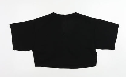 Back view of ASOS women’s black polyester cropped blouse, size UK 10, round neck