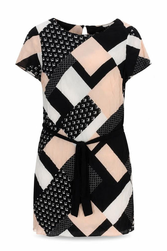 New Look Womens Black Geometric Viscose Shift Size 10 Boat Neck Button - Belted