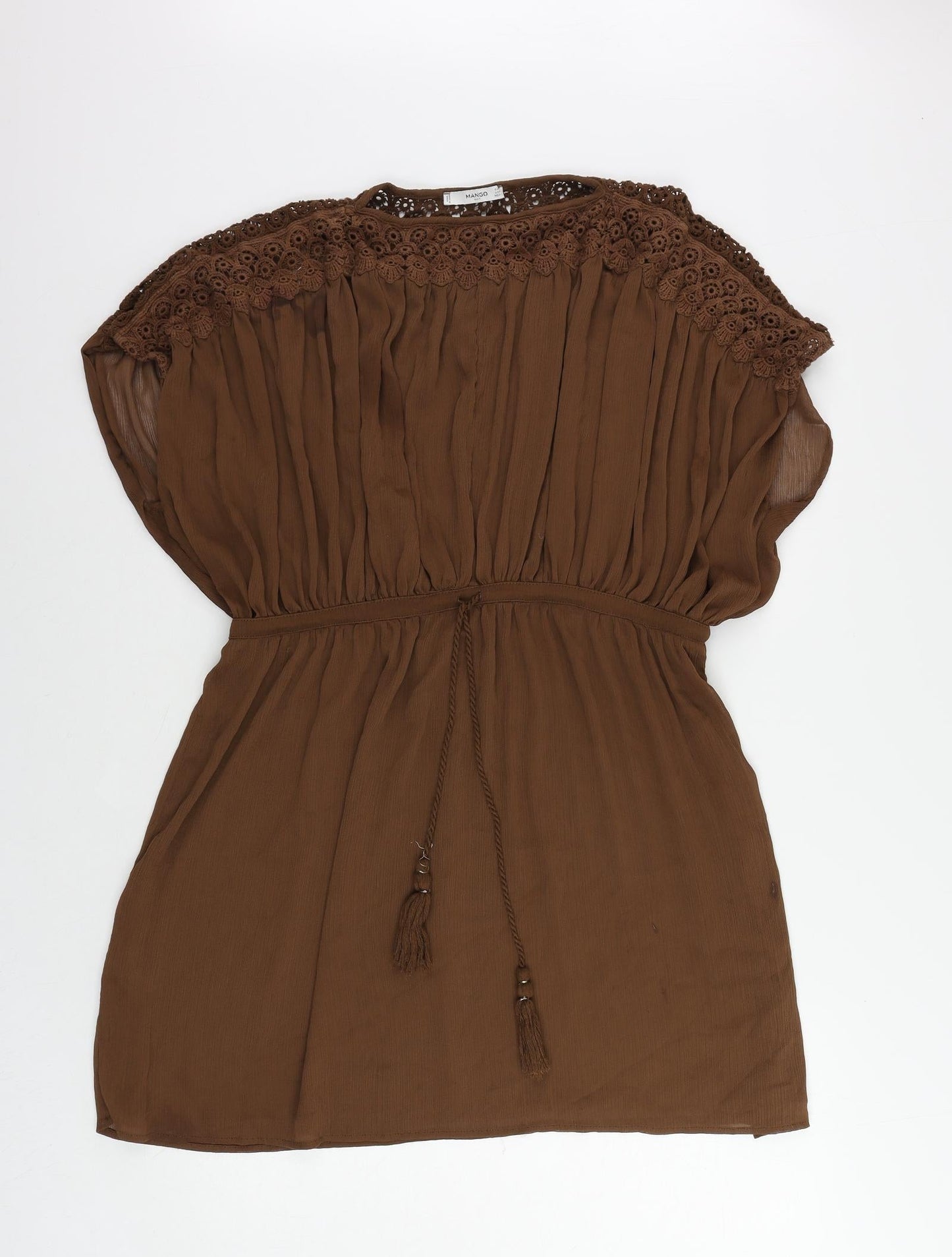 Mango Womens Brown Polyester Mini Size S Round Neck Drawstring - Adjustable Waist