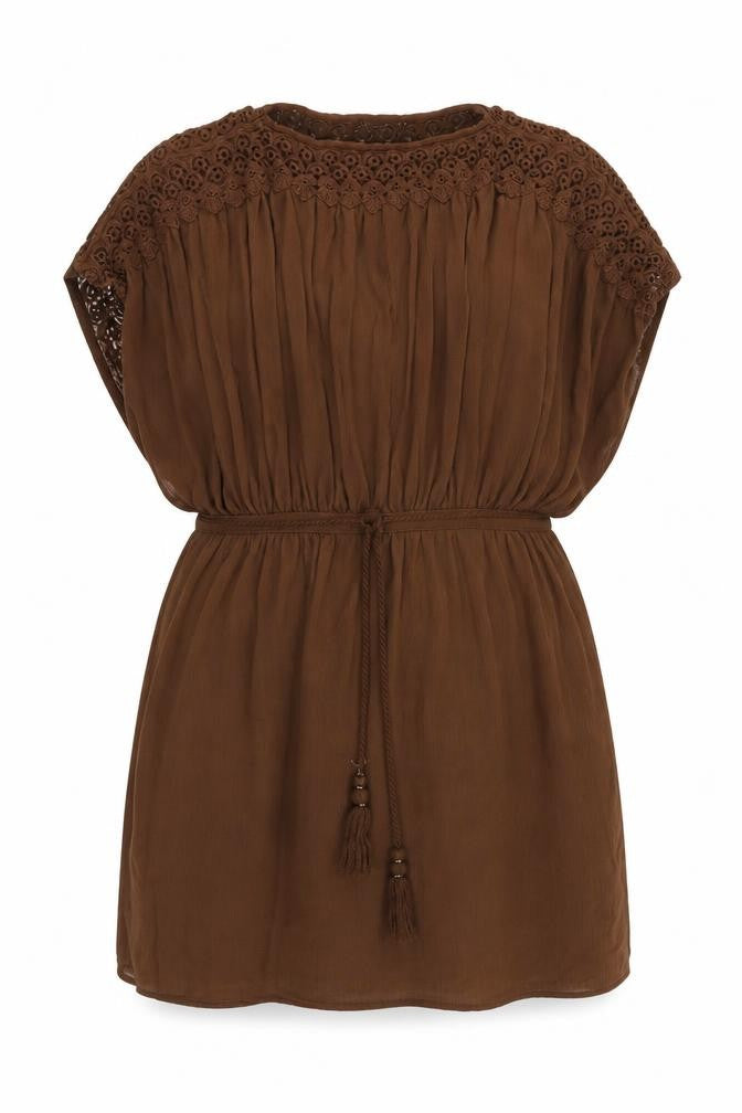 Mango Womens Brown Polyester Mini Size S Round Neck Drawstring - Adjustable Waist