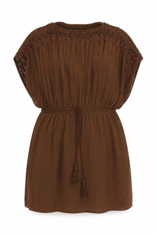 Mango Womens Brown Polyester Mini Size S Round Neck Drawstring - Adjustable Waist