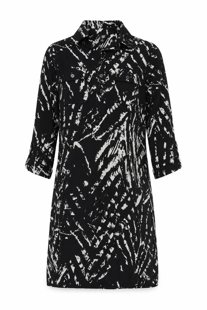 Saint Tropez Womens Black Geometric Polyester Shirt Dress Size 6 Collared Button
