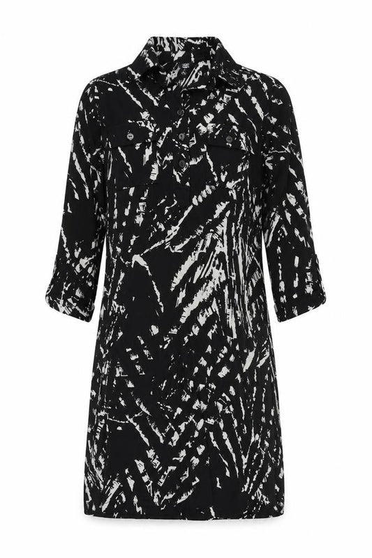 Saint Tropez Womens Black Geometric Polyester Shirt Dress Size 6 Collared Button