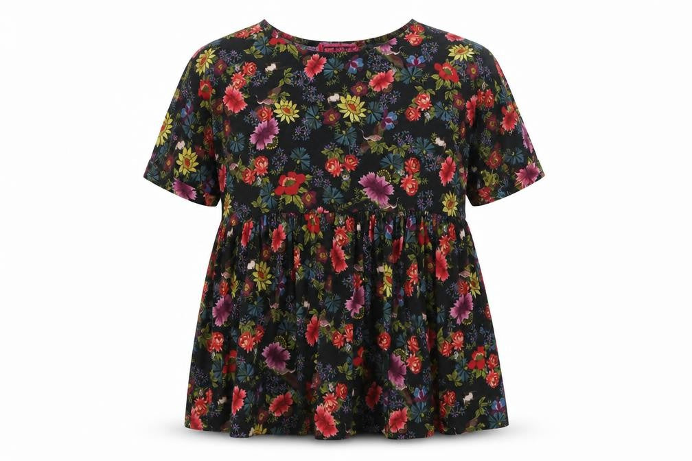 Boohoo Womens Black Floral Polyester Tunic Blouse Size 10 Crew Neck