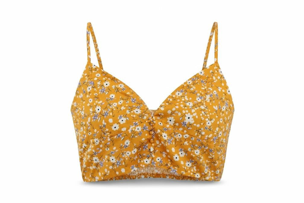 Cider Womens Yellow Floral Polyester Cropped Tank Size L Sweetheart - Bralette