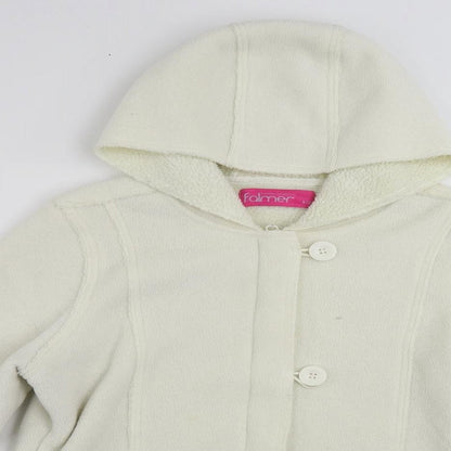 Close-up detail of Falmer Heritage women’s white jacket, size UK 12, button - hooded
