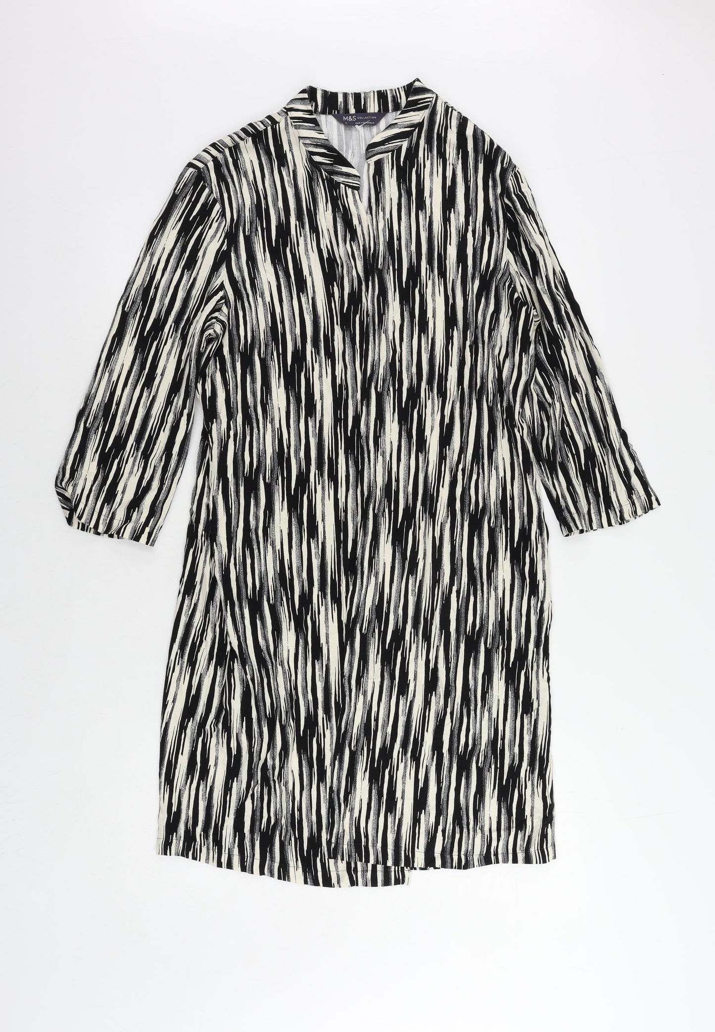 Marks and Spencer Womens Black Geometric Viscose Kimono Blouse Size 8 V-Neck - Open