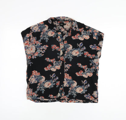 Additional front view of ASOS women’s black floral viscose basic button-up, size UK 6, collared